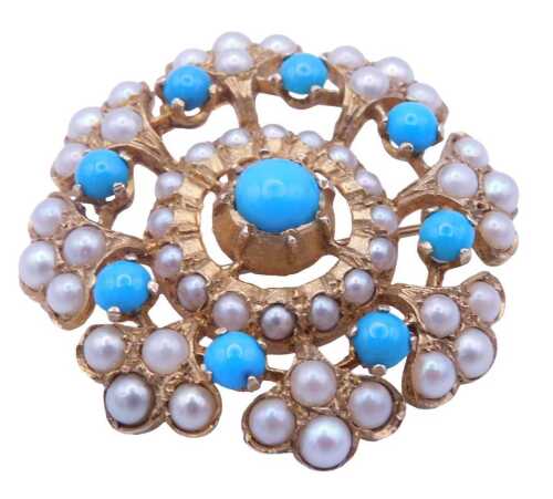 A 9ct gold seed pearl and turquoise circular floral brooch, 9.9g.