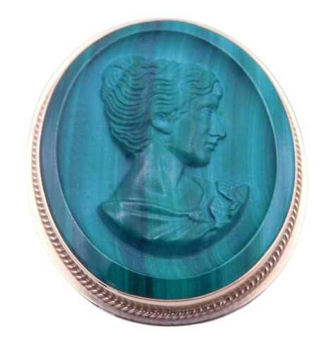 A 9ct gold and malachite cameo pendant brooch, bust portrait of a lady facing right, with pin...