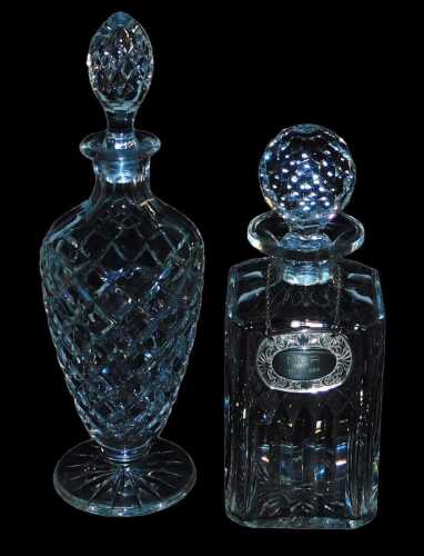 A prismatic cut glass decanter, and stopper, etched mark, 31cm high, together with a cut glass...