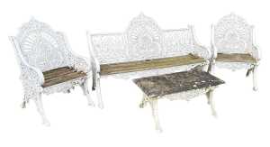A Coalbrookdale style white painted cast aluminium and wooden Peacock four piece garden suite,...