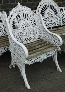 A Coalbrookdale style white painted cast aluminium and wooden Peacock four piece garden suite,... - 2