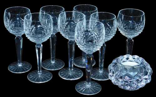 A set of eight Waterford crystal hock glasses, together with an Orrefors cut glass tealight...