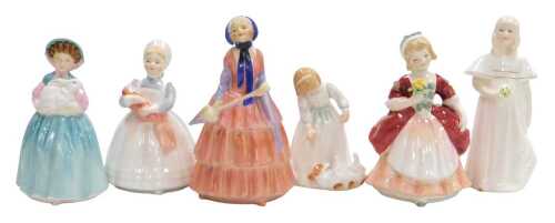 Six Royal Doulton figures, comprising The Ragdoll HN2142, Bunny HN2214, Valerie HN2107, Biddy,...