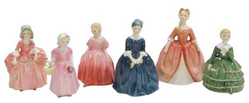 Six Royal Doulton figures, comprising Tinkle Bell HN1677, Bo-Peep HN1811, Debbie HN2400, Marie...