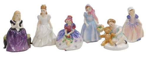 Six Royal Doulton figures, comprising Affection HN2236, Kerry HN3036, Wendy HN2109, Monica...