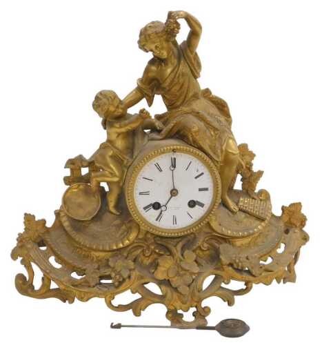 A late 19thC French ormolu mantel clock, by Hry Marc, Paris, circular enamel dial bearing Roman...