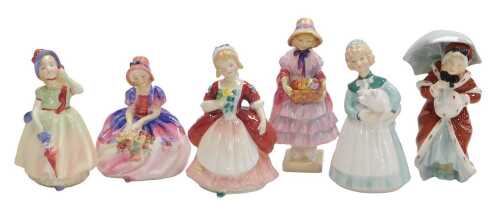 Six Royal Doulton figures, comprising Monica HN1407, Babie HN1679, Valerie HN2107, Greta HN1485,...