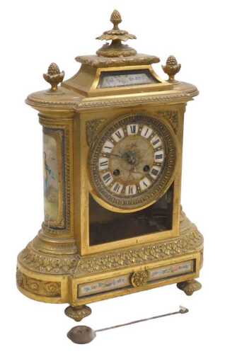 A late 19thC brass cased mantel clock, by Dent of London, circular ceramic dial painted with...