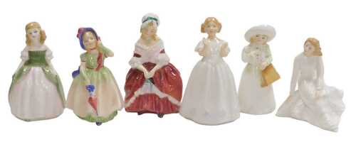Six Royal Doulton figures, comprising Babie HN1679, Penny HN2338, Catherine HN3044, Peggy HN2038,...