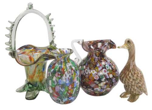 A Murano millefiori glass vase, 14cm high, together with a millefiori jug, 15cm high, a Murano...