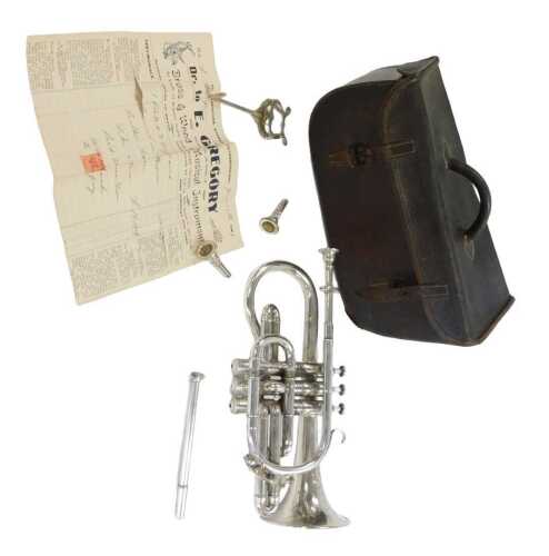An early 20thC silver plated Besson & Company prototype class A cornet, cased, with receipt...