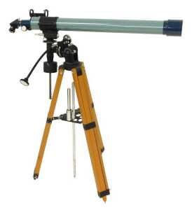 A Prinz Astral 500 telescope, raised on a tripod, 114cm high.