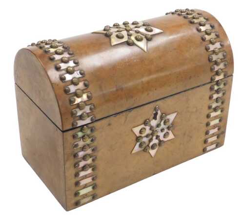 A Victorian walnut and mother of pearl bound stationery box, with brass studwork, the domed lid...