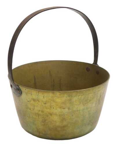 An early 20thC brass jam pan, with a cast iron up and over handle, 28cm wide.