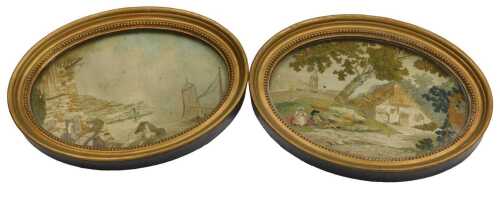 A pair of late 18thC silk and stumpwork pictures, one embroidered with a pastoral scene, with a...
