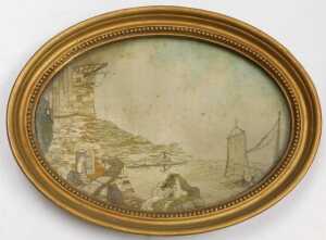 A pair of late 18thC silk and stumpwork pictures, one embroidered with a pastoral scene, with a... - 2