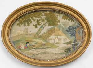 A pair of late 18thC silk and stumpwork pictures, one embroidered with a pastoral scene, with a... - 3