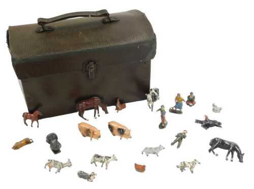 An early 20thC pigeon carrying case, together with cold painted lead farm animals, figures, etc.