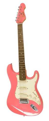 An Encore pink cased electric guitar, 99cm high.
