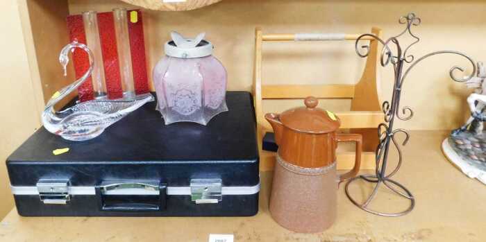 Decorative household effects, to include a pink Victorian glass light shade with floral etched...
