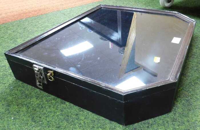 A glass fronted counter top display cabinet, 47cm high, 54cm wide.