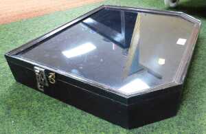 A glass fronted counter top display cabinet, 47cm high, 54cm wide.