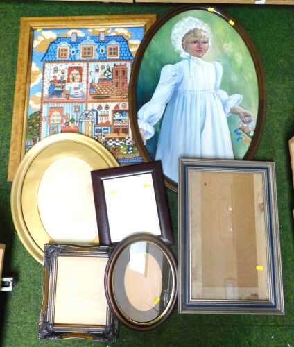 Pictures and frames, to include a woven framed tapestry depicting a cross section of a house,...