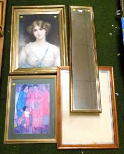 Pictures and a mirror, to include a rectangular giltwood framed mirror, 106cm high, 25.5cm wide,...