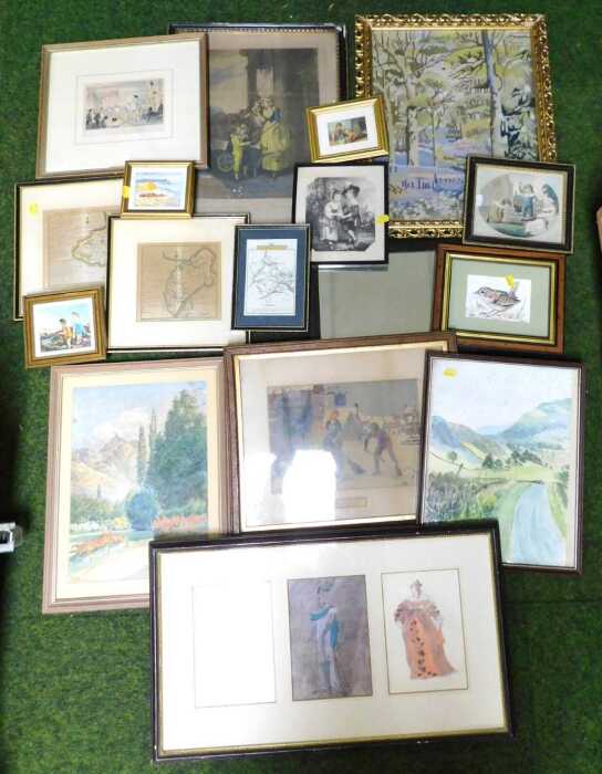 Pictures and prints, to include 19thC prints and etchings, including a Cries of London Plate 8...
