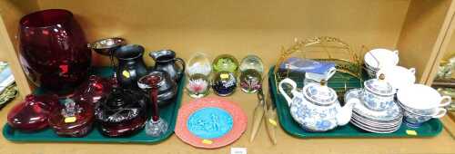 Glass paperweights, together with cranberry coloured glassware, Fanquare part tea set, carving...