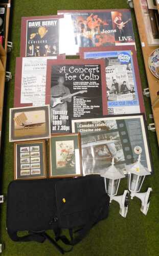 Two canvas laptop cases, together with various pictures, prints, to include framed Wills...