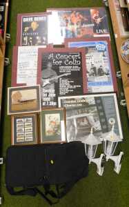 Two canvas laptop cases, together with various pictures, prints, to include framed Wills...
