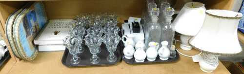 Various moulded glass sundae dishes, together with decanters, table lamps, Reader's Digest...
