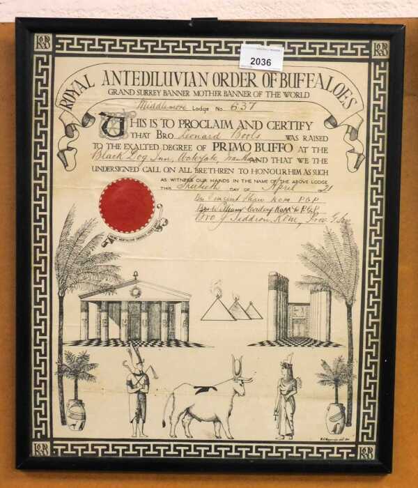 An RAOB certificate to Bro Leonard Bools, who was being raised to the exalted degree of Primo...