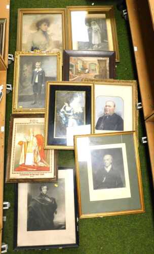 Pictures, prints, etc., to include study of a lady in Victorian dress, reproduction photographic...