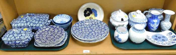 Blue and white wares, to include floral decorated plates, tureen and cover, Oriental style...