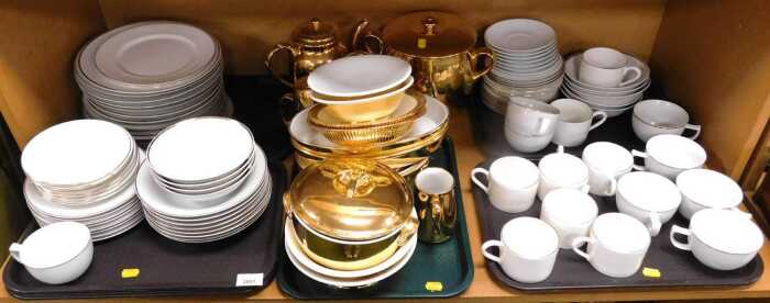 A Joe Booth part tea, dinner and coffee service, gold lustre pottery, etc. (1 shelf)