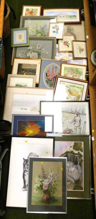 Pictures, prints, etc., to include portrait studies, Anthony Battle, mice amongst blackberries...