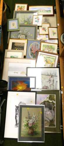 Pictures, prints, etc., to include portrait studies, Anthony Battle, mice amongst blackberries...