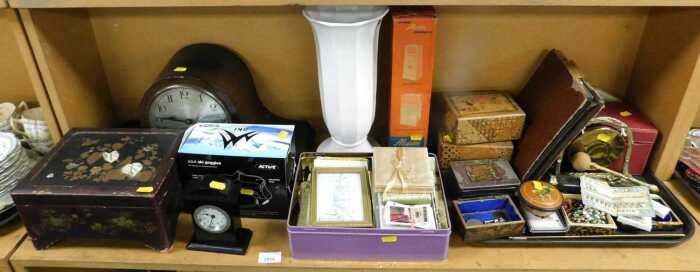 Bygones, collectables, etc., to include an oak Napoleon hat mantel clock, eight day movement...