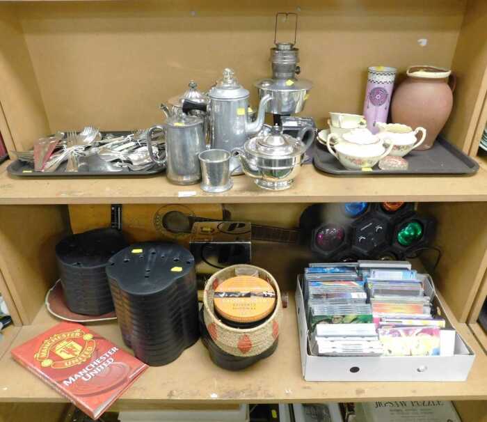 General household effects, to include loose flatware, oil lamp base, part teawares, CDs,...