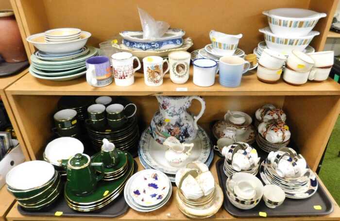 An Alfred Meakin Glow White pattern part dinner service, together with commemorative mugs,...