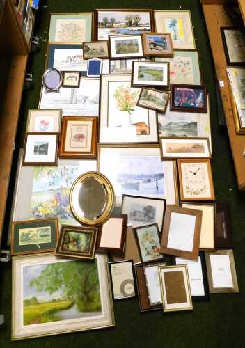 Pictures, prints, etc., to include floral studies, lake scenes, woodland studies, empty picture...