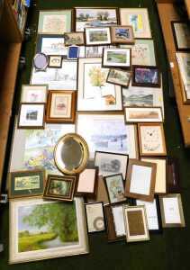 Pictures, prints, etc., to include floral studies, lake scenes, woodland studies, empty picture...