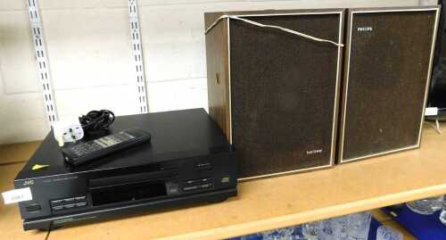 A JVC compact disc player, XL-E66, with lead and remote, together with a pair of Philips speakers.