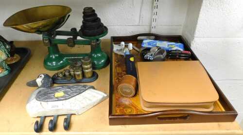 A set of The Viking green cast metal scales, together with brass weights, etc., wristwatches, to...