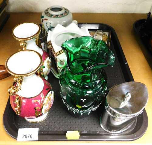 A Mary Gregory style clear glass tumbler, Oriental style ginger jar lacking lid, green glass jug,...