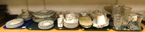Part tea and dinnerwares, together with moulded and cut glassware, to include jugs, vases,...