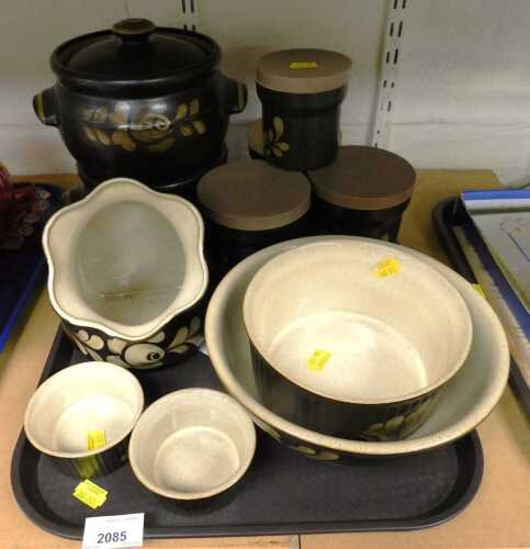 A quantity of Denby Bakewell pattern stoneware, to include dishes and covers, jars and covers,...