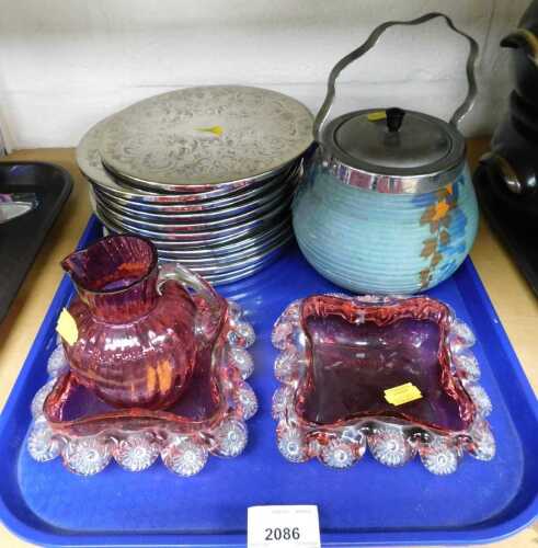 A small quantity of Victorian cranberry glassware, together with a Ross England biscuit barrel...